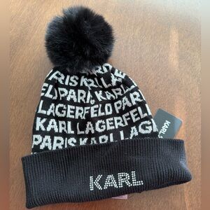 NWT - Karl Lagerfeld Black and White Logo Knit Pom Beanie